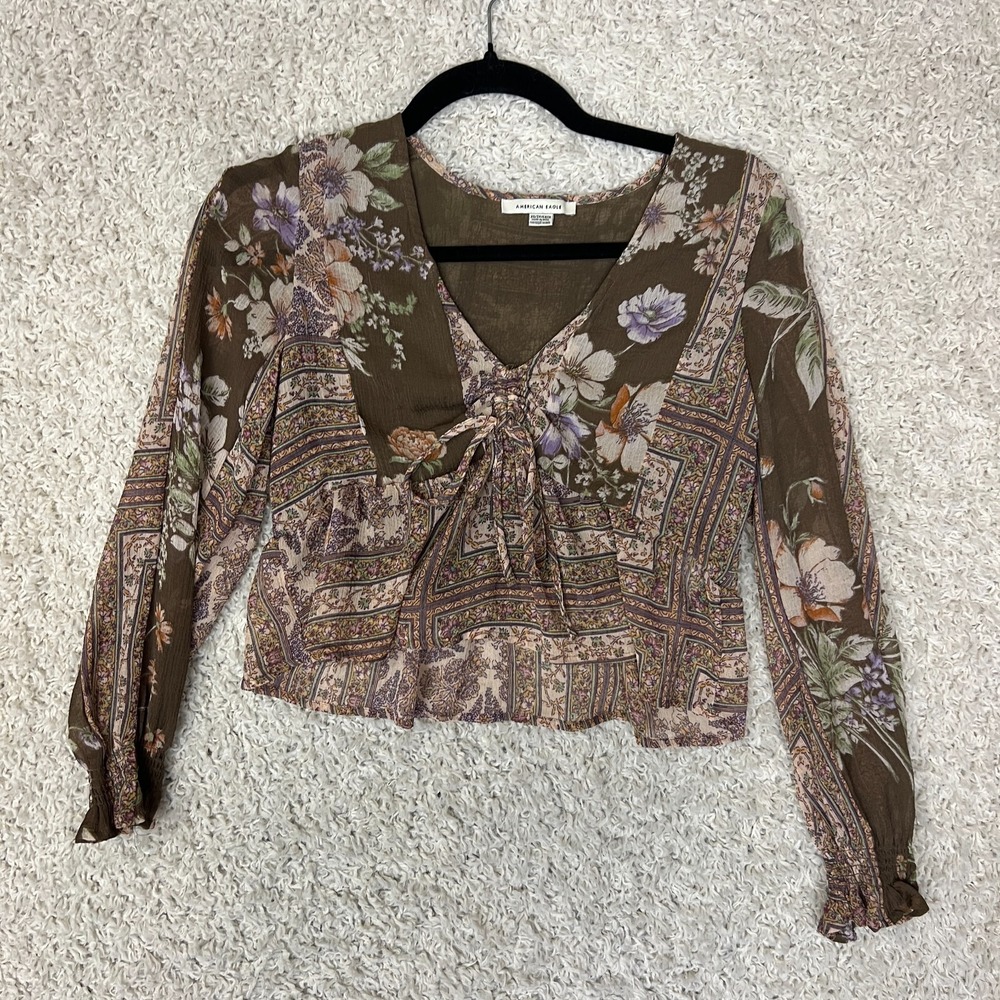 American Eagle‎ Blouse Womens XS Brown Cinch Front V Neck Boho Crop Peasant